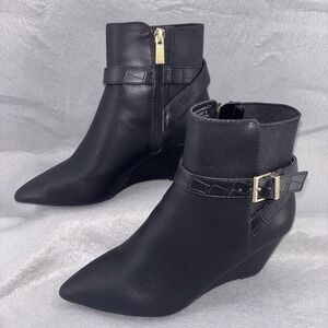 NWOT‎ Kenneth Cole Emmie Wedge Black Leather Ankle Booties Womens 5 Medium Width